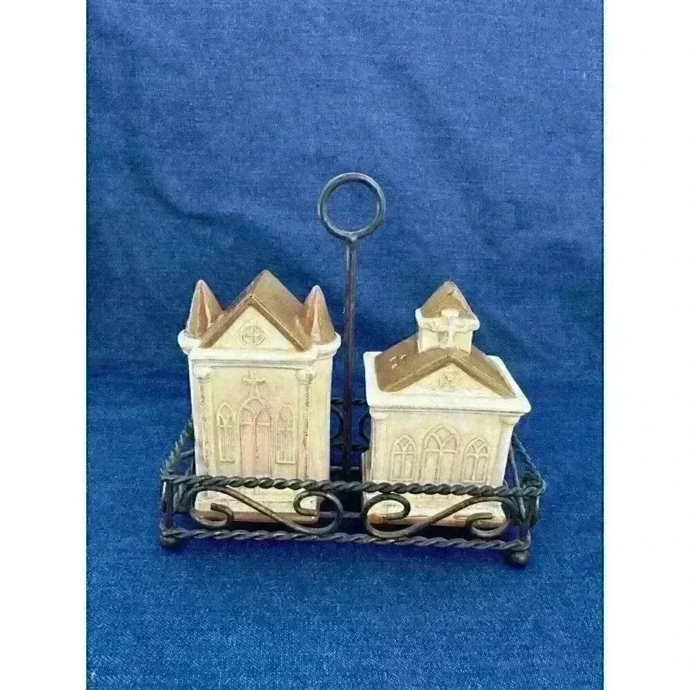 Vintage‎ Church Temple Religion Ceramic Salt & Pepper Shakers With Stand